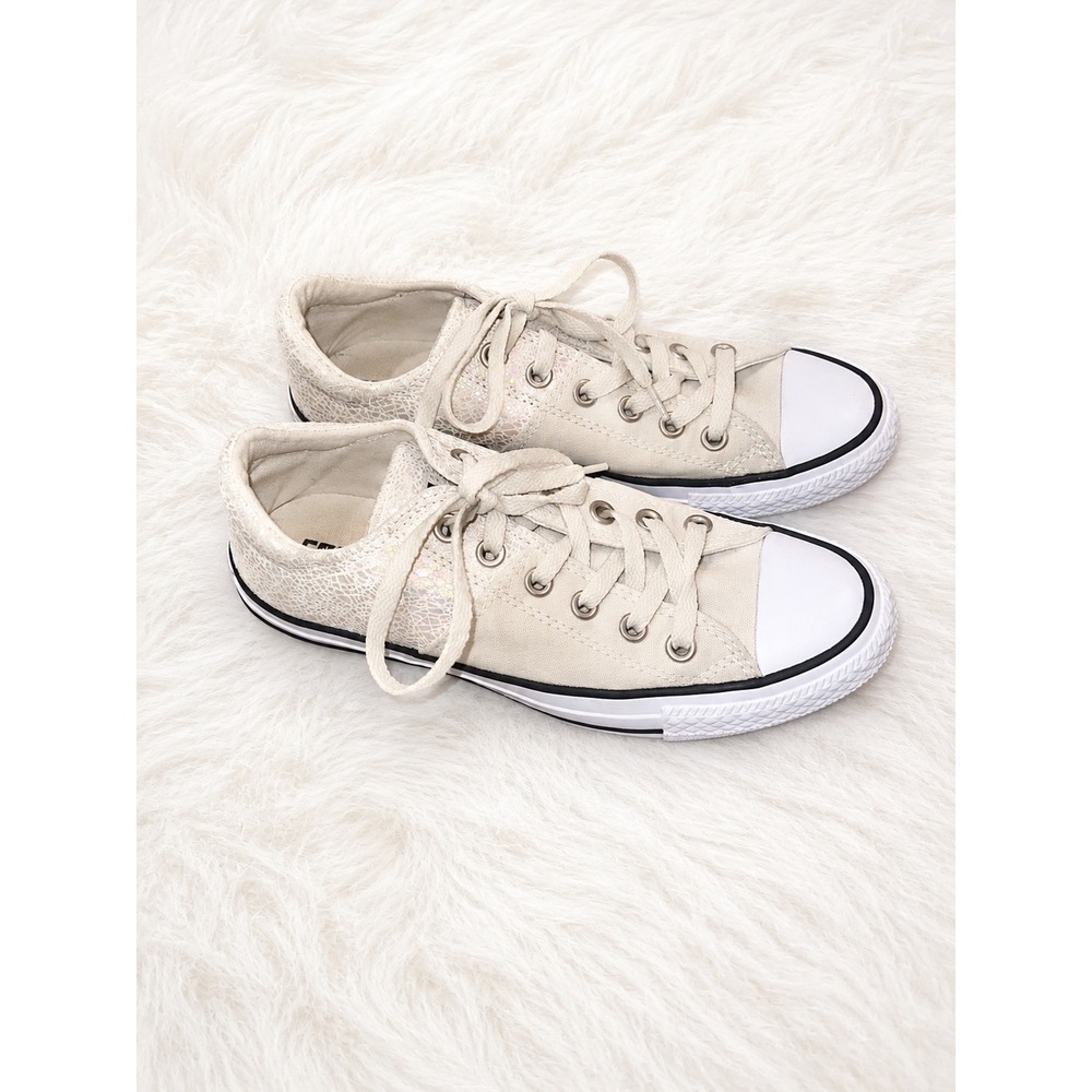 Converse All Star Pearl Iridescent Low Top Sneakers Women's Size 8 White Canvas